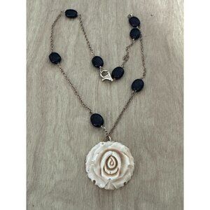 Carved Bison Bone Rose Pendant Necklace With Black Onyx Beads & Gold Chain